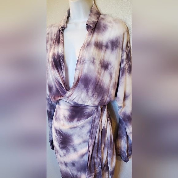 Young Fabulous & Broke Lavender Long Sleeve Plunge Tie-Dye Shirt Wrap Dress - Picture 6 of 10